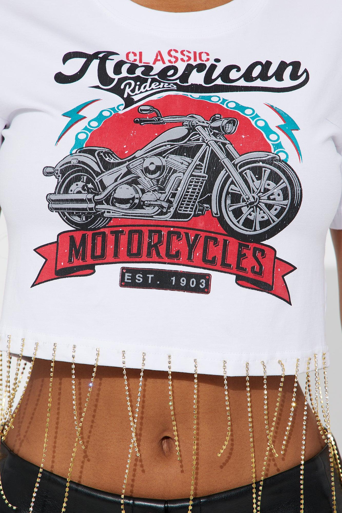 All American Moto Rhinestone Fringe Tee - White Female Product Image
