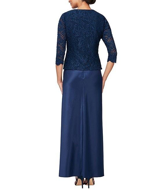 Alex Evenings Glitter Lace 3/4 Sleeve Square Neck Scallop Hem Bodice 2-Piece Jacket Gown Product Image