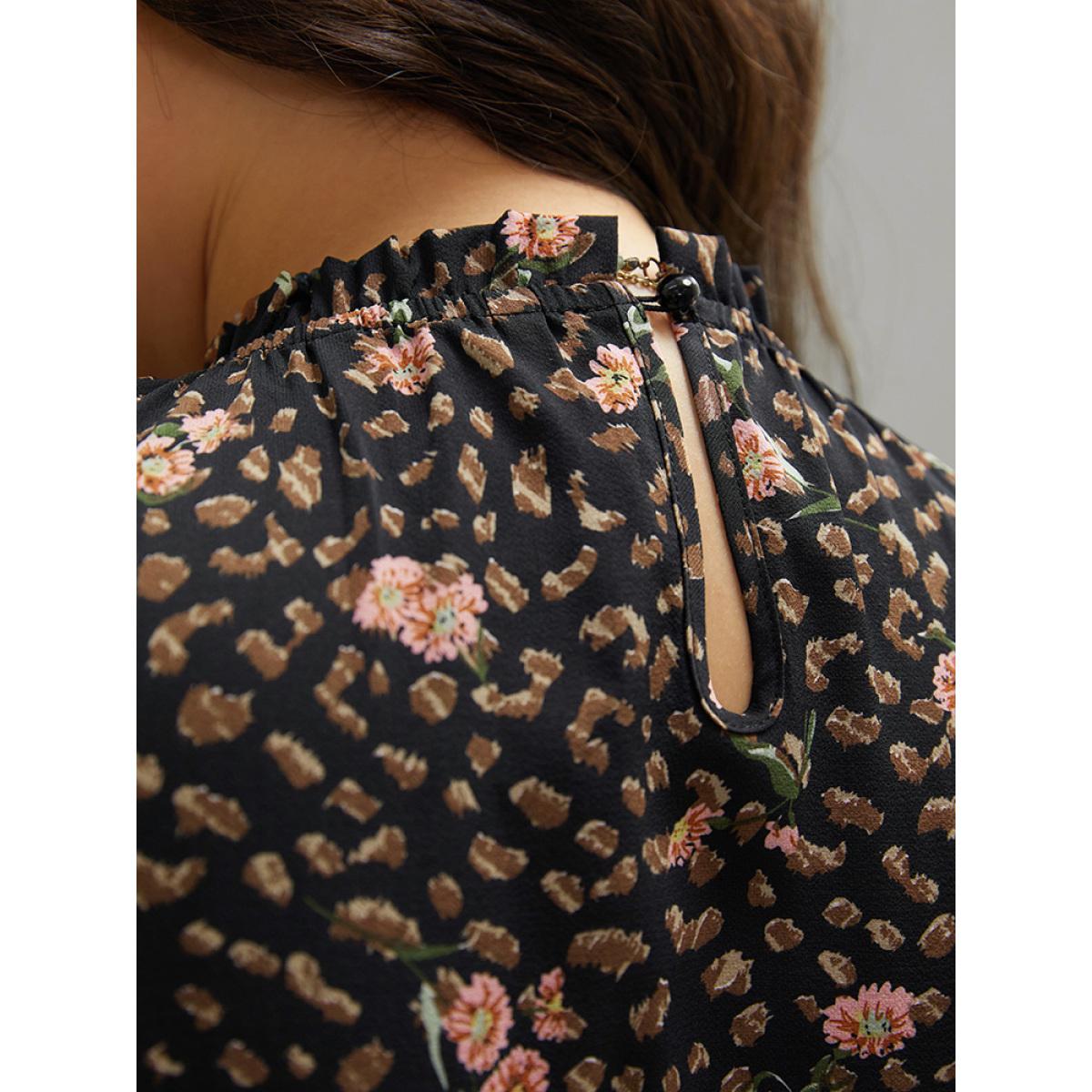 Plus Size Ditsy Floral Shirred Flutter Trim Keyhole Dress Black Women Elegant Printed Mock Neck Long Sleeve Curvy Midi Dress BloomChic 18-20/2X Product Image
