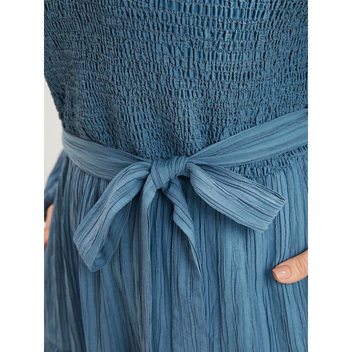 Plus Size Solid Textured V Neck Pocket Shirred Belted Flutter Dress Aegean Women Elegant Tiered V-neck Long Sleeve Curvy Midi Dress BloomChic 10/M Product Image