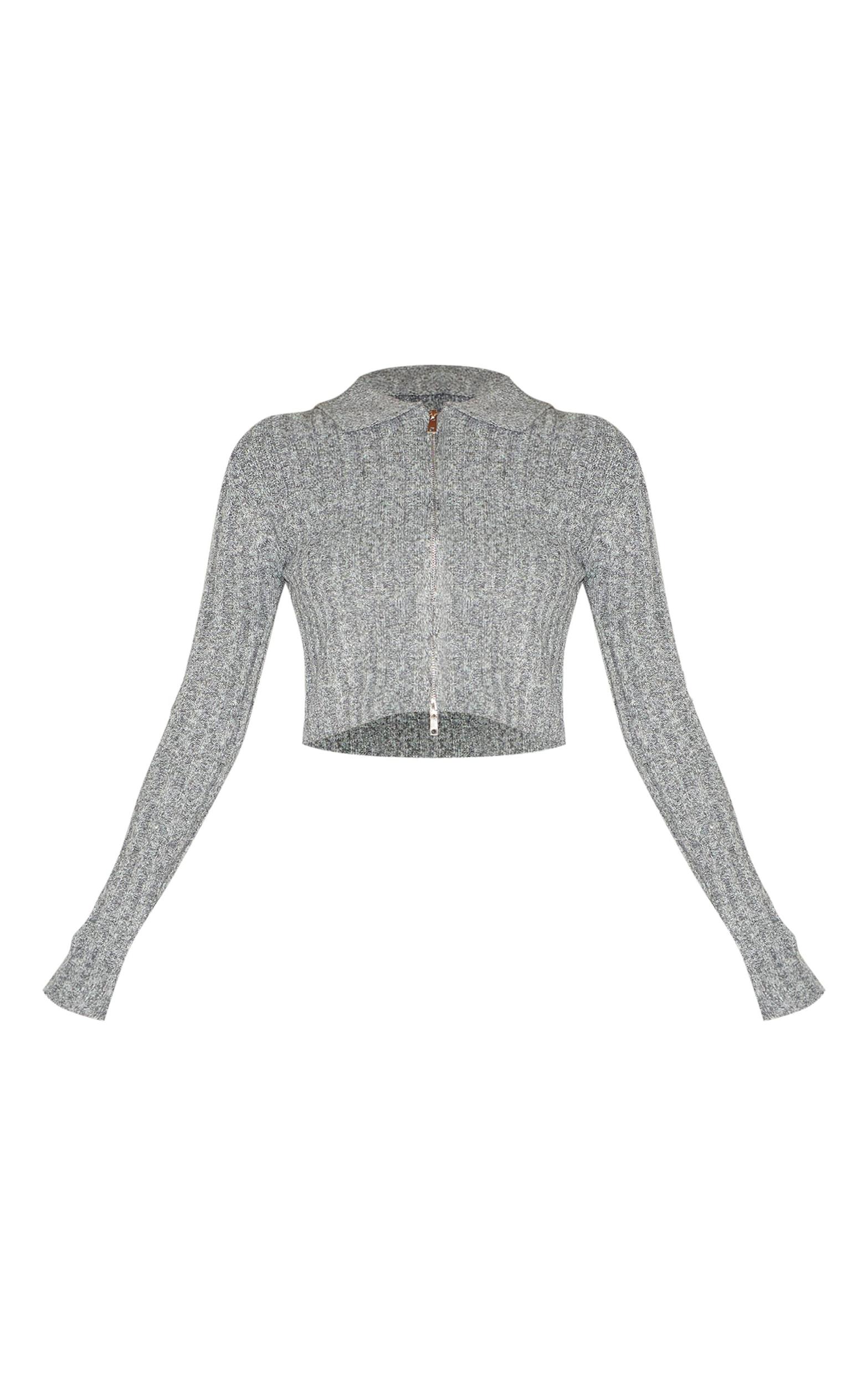Charcoal Marl Knitted Dipped Hem Cropped Zip Up Top Product Image