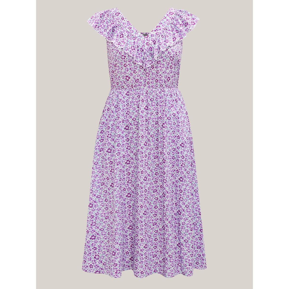Plus Size Soft Floral Print Pockets Ruffled Midi Dress BlueViolet Women V-neck Cap Sleeve Curvy BloomChic 30/6X Product Image