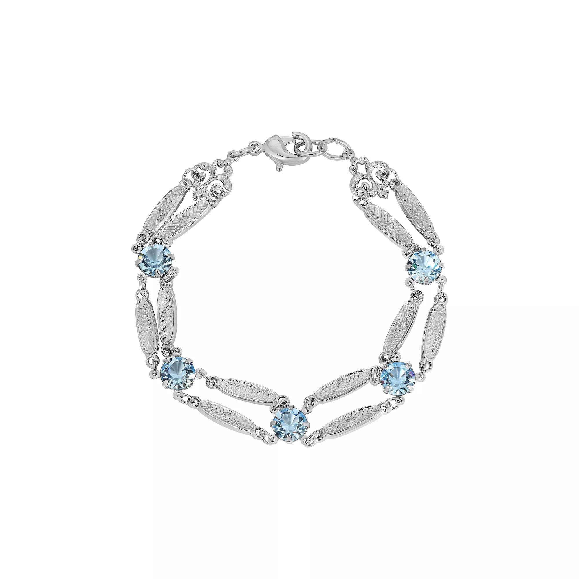 1928 Silver Tone Textured Link Crystal Bracelet, Womens, Blue Product Image