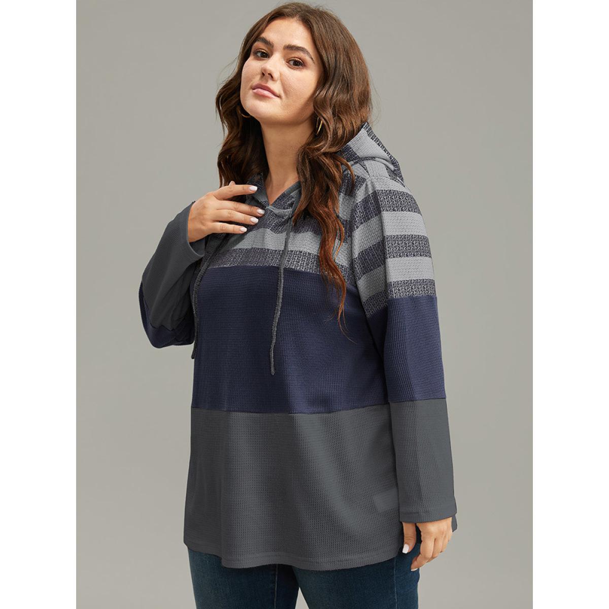 Plus Size Waffle Knit Striped Colorblock Hooded Sweatshirt Women Gray Casual Contrast Hooded Dailywear Sweatshirts BloomChic 14-16/1X Product Image