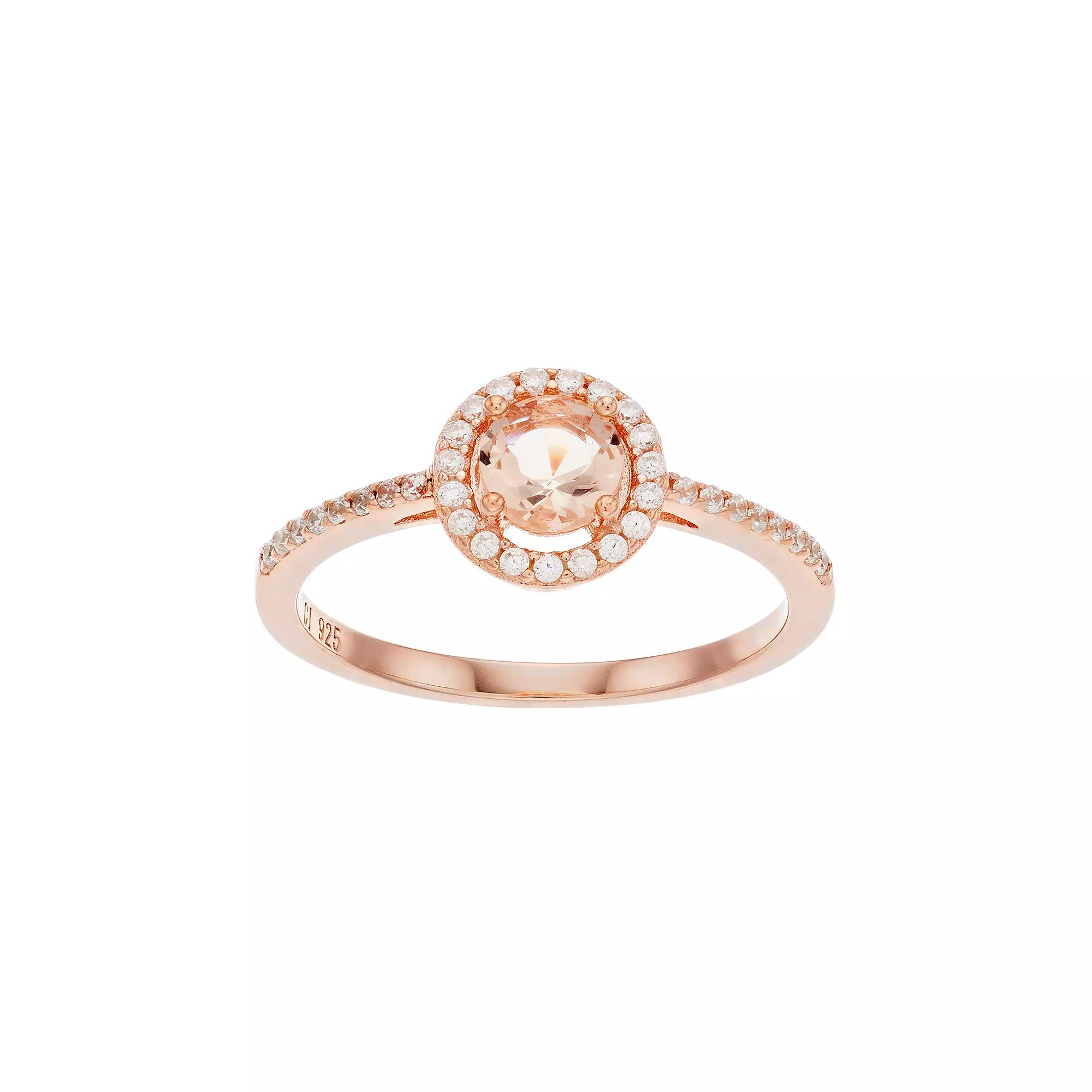 14k Rose Gold Over Silver Simulated Morganite & Cubic Zirconia Round Halo Ring, Women's, Size: 6 Product Image
