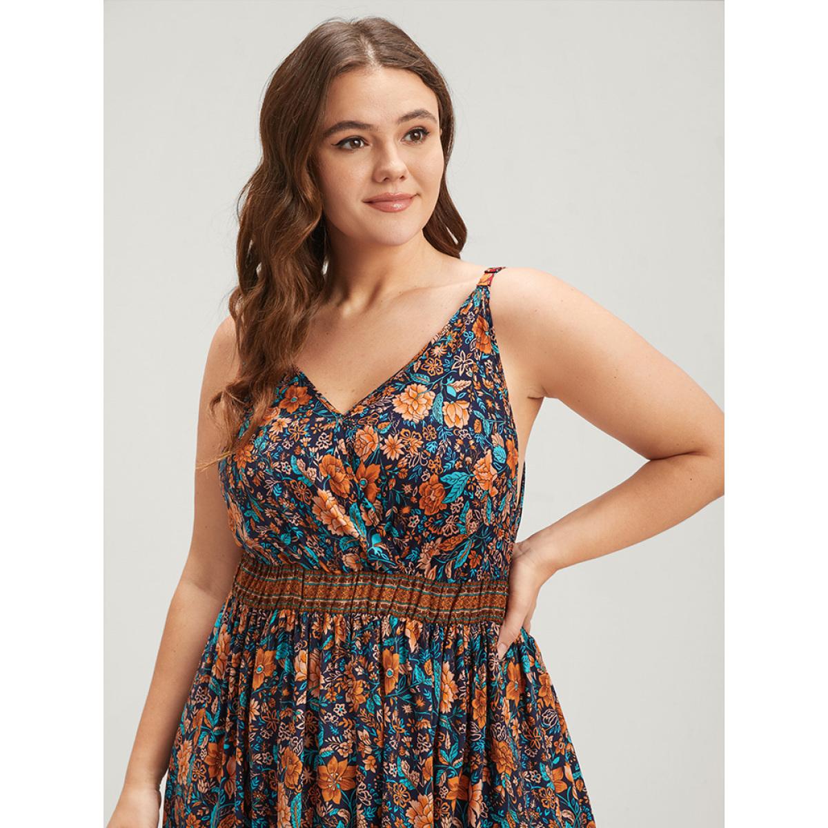 Plus Size Floral Gathered Button Pocket Cami Maxi Dress DarkBlue Women Casual Pocket V-neck Sleeveless Curvy Long Dress BloomChic 30/6X Product Image