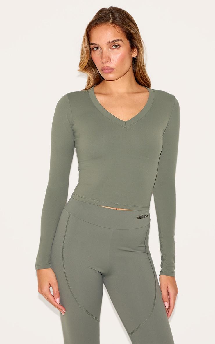 Olive Sculpt V Neck Long Sleeve Top Product Image