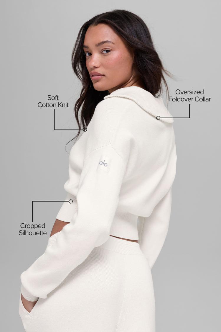 Scholar Knit Cropped Full Zip Jacket - Ivory Product Image