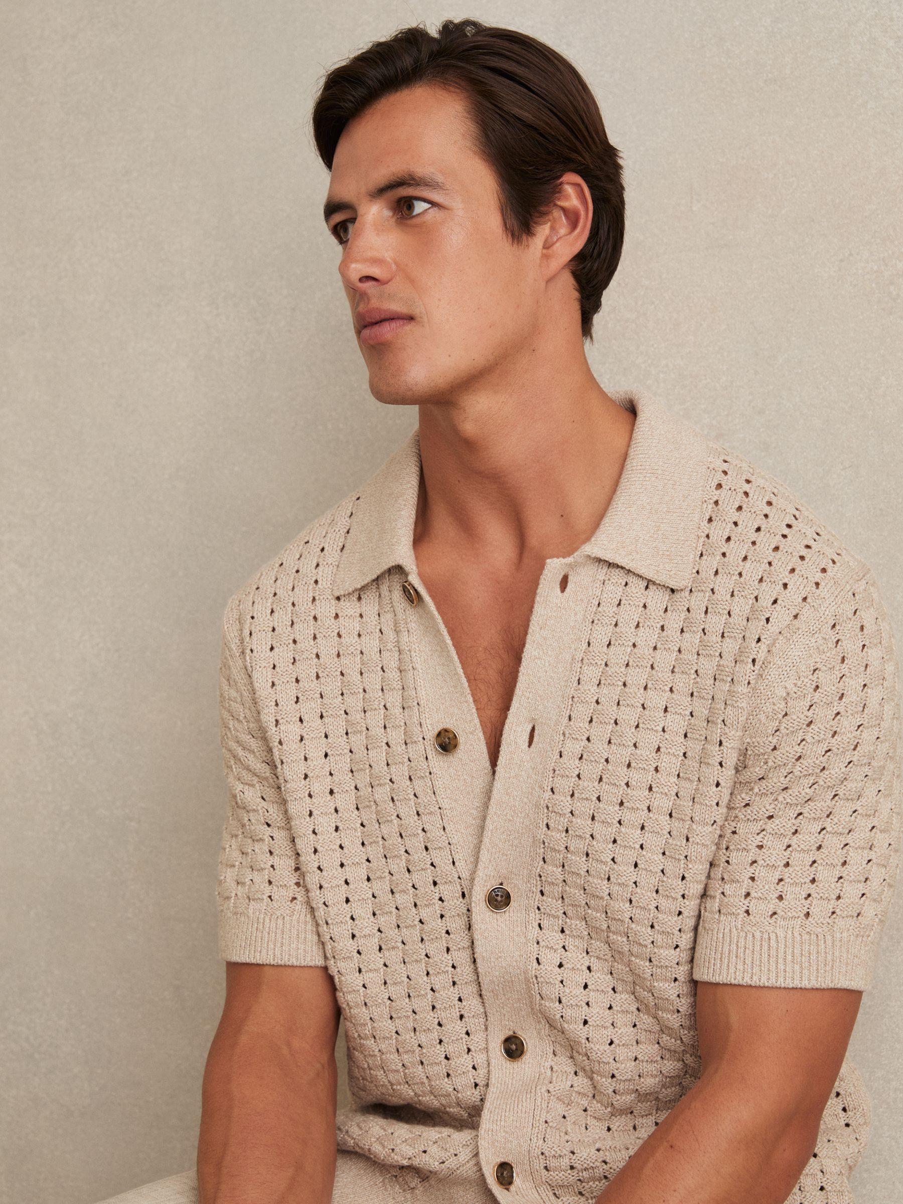 Basketweave Knit Button Through Cotton Blend Shirt in Stone Product Image