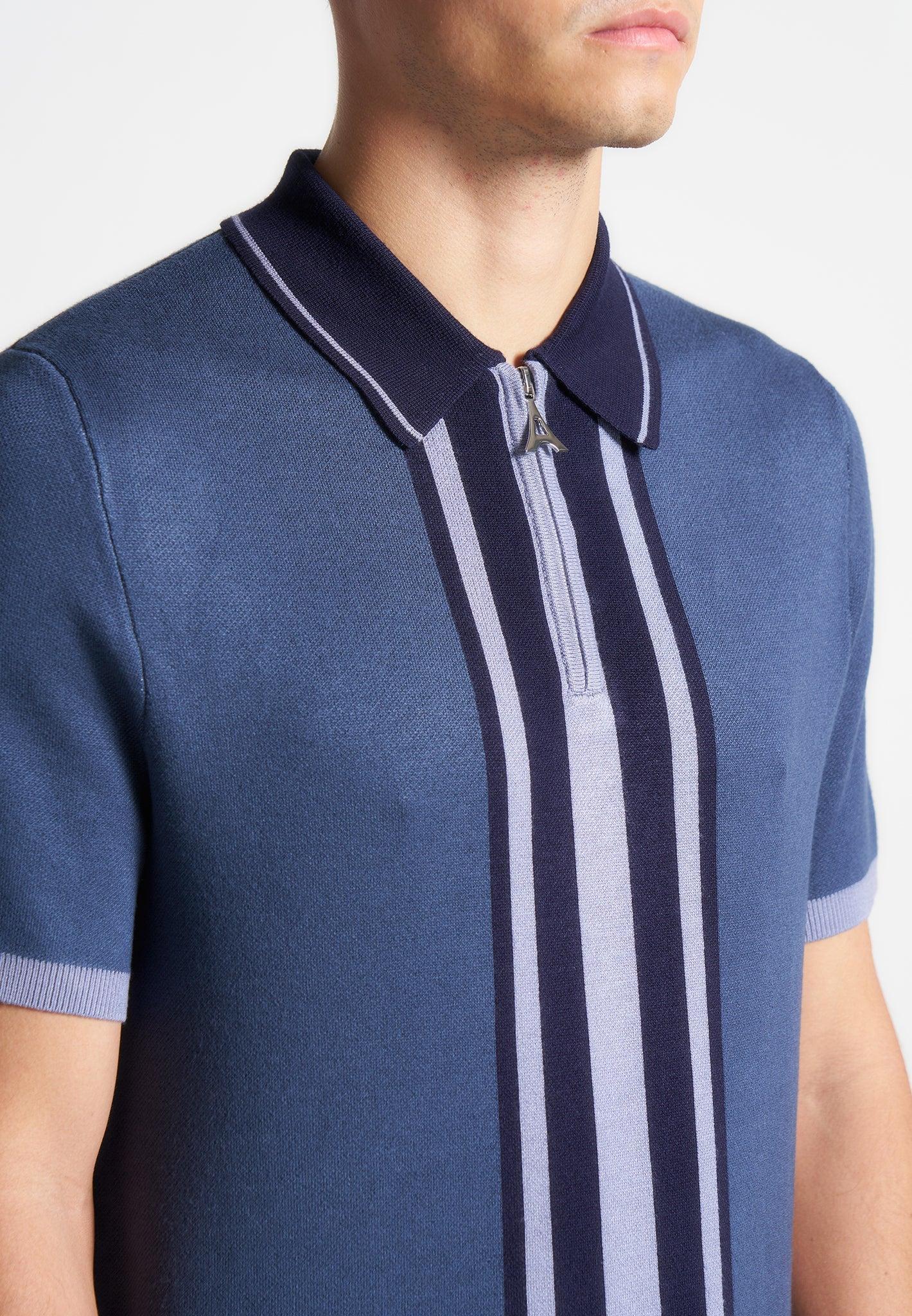 Contrast Border Knit Zip Polo Shirt - Blue Male Product Image