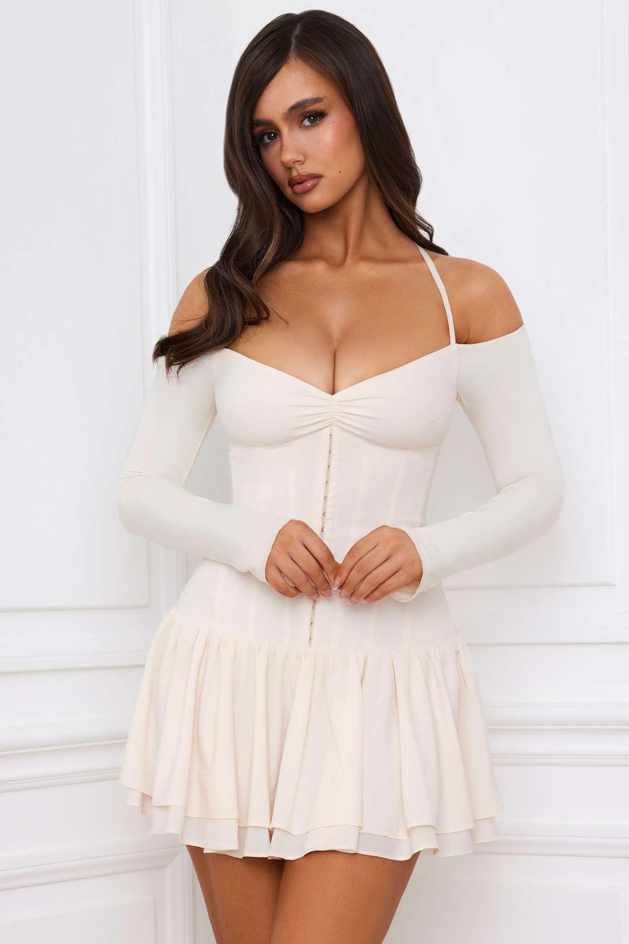 Off-Shoulder Tiered Corset Mini Dress in Ivory Product Image