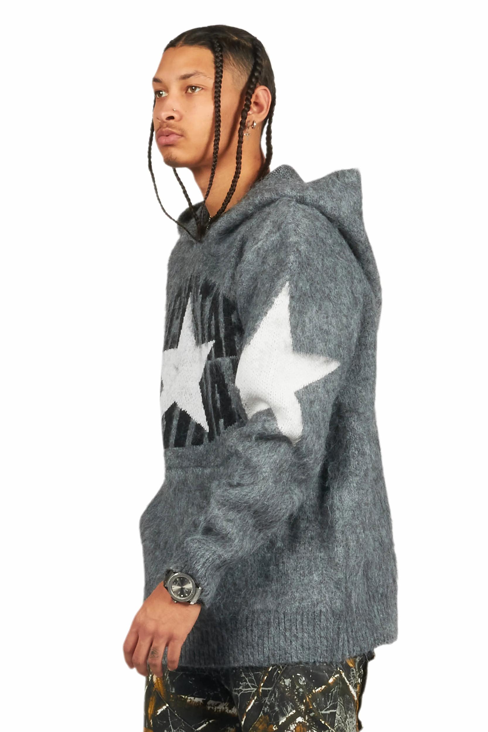 States Grey Graphic Knitted Mohair Hoodie Male Product Image
