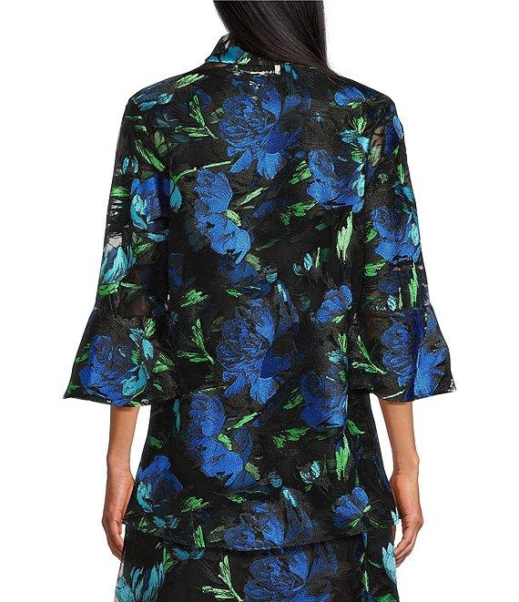Caroline Rose Bella Embroidered Blooms Mesh Knit Drape Neck 3/4 Bell Sleeve Jacket Product Image