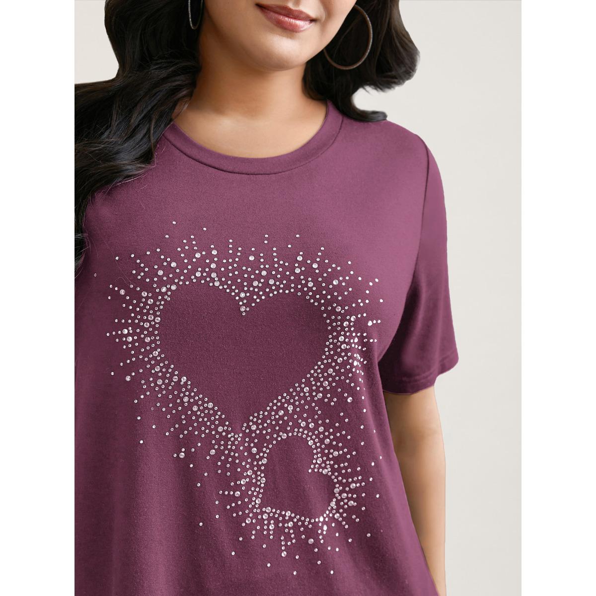 Plus Size Crew Neck Rhinestone Heart T-Shirt Deeppurplered Women Casual Rhinestone detailing Round Neck Everyday T-shirts BloomChic 26/4X Product Image