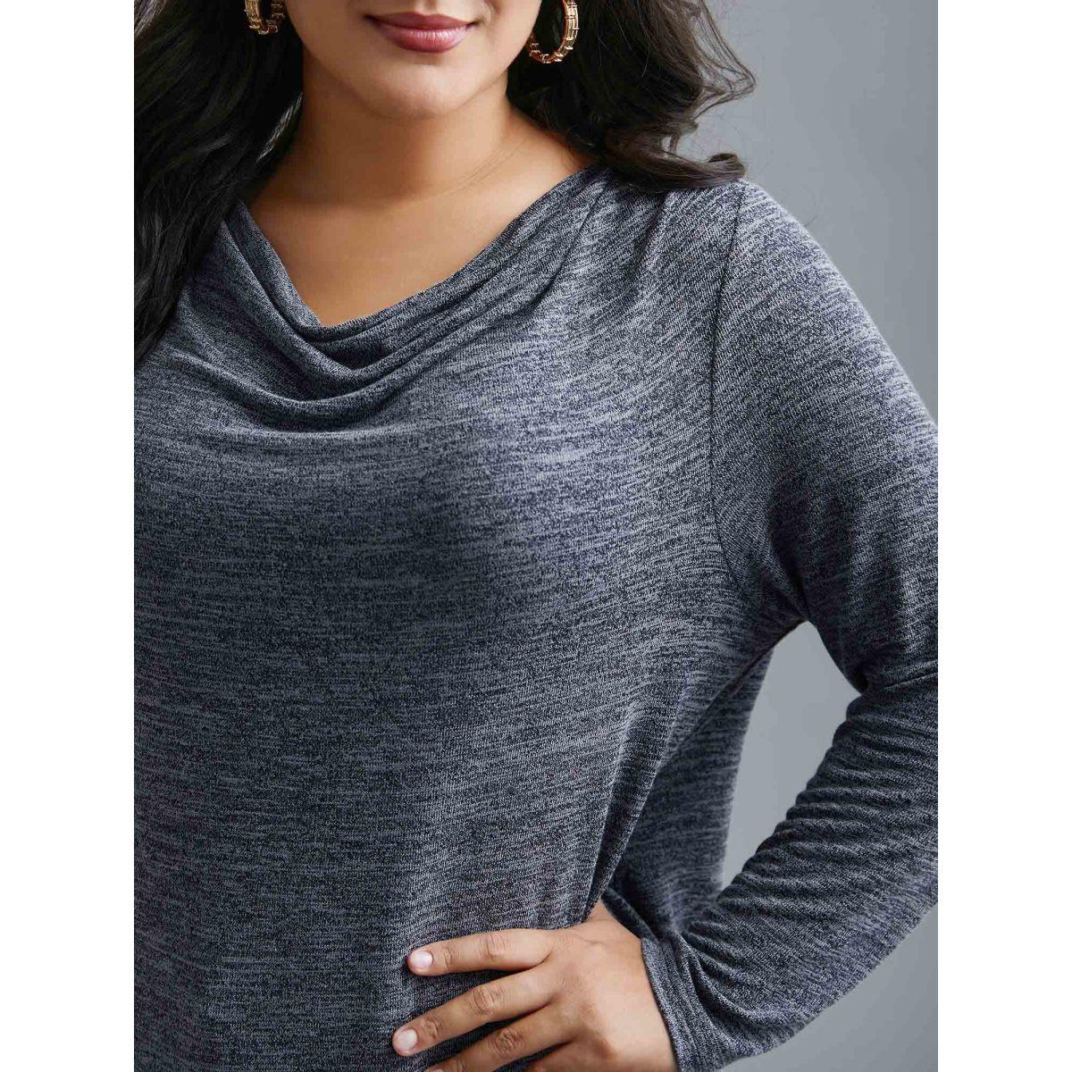 Plus Size Cowl Neck Side Slit Fitted T-Shirt Indigo Women Elegant Overlapping Cowl Neck Everyday T-shirts BloomChic 12/L Product Image