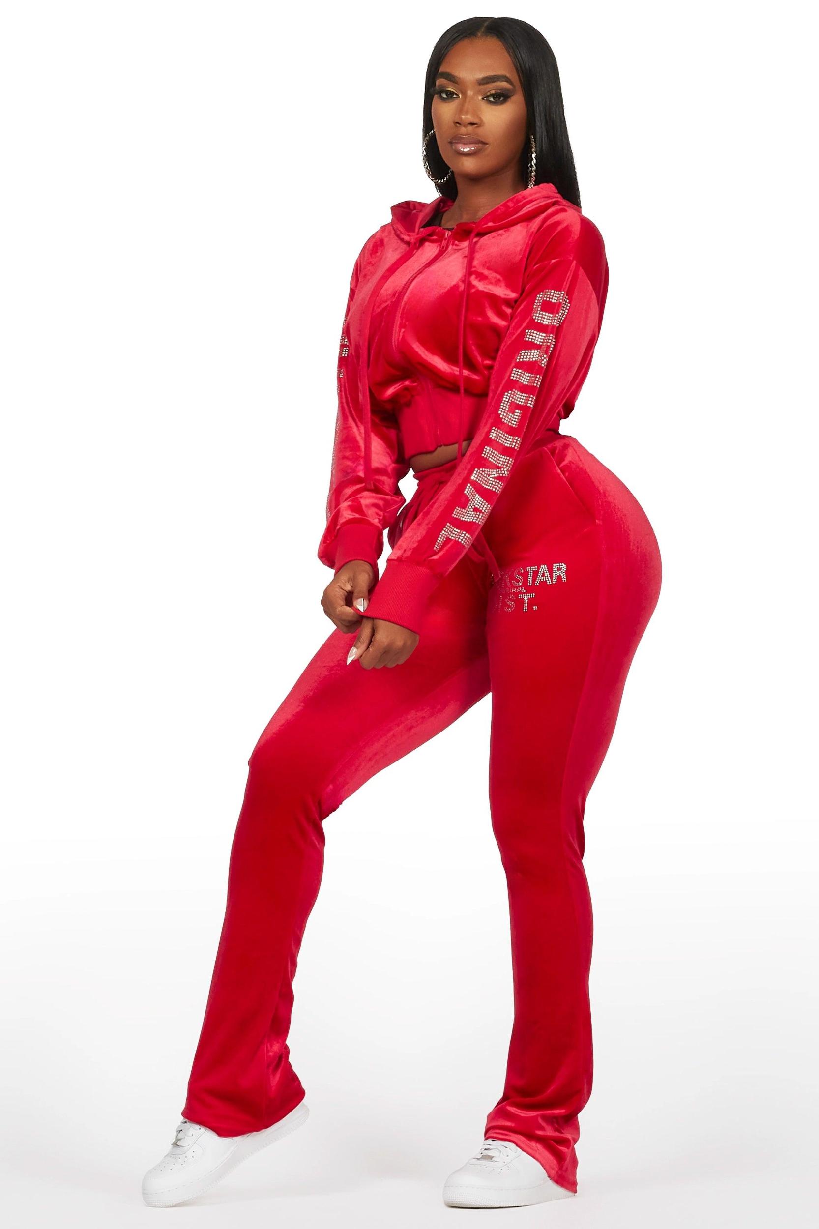 Shakura Red Stacked Rhinestone Velour Trackset Female Product Image