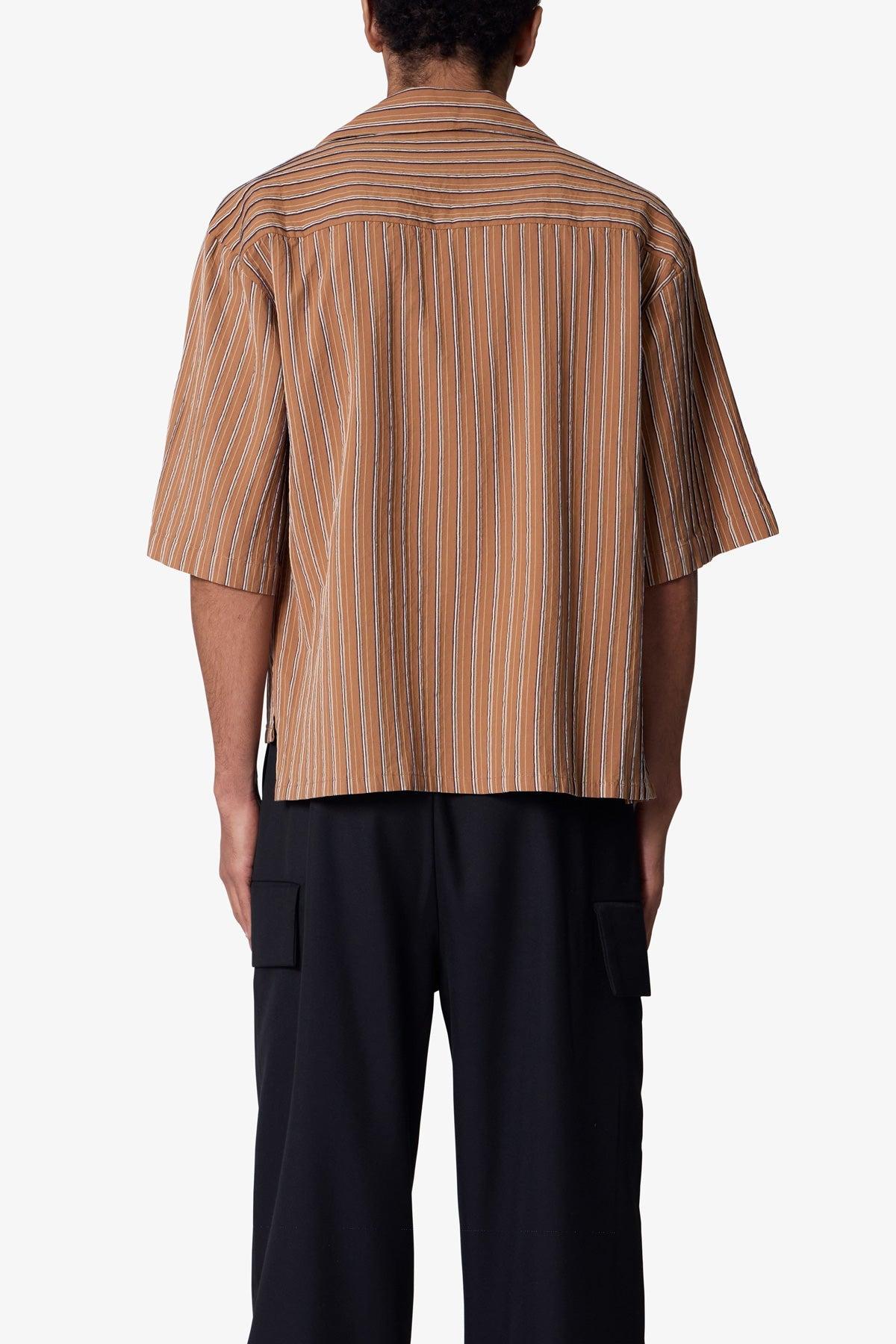 Striped Woven Cropped Shirt - Brown Product Image