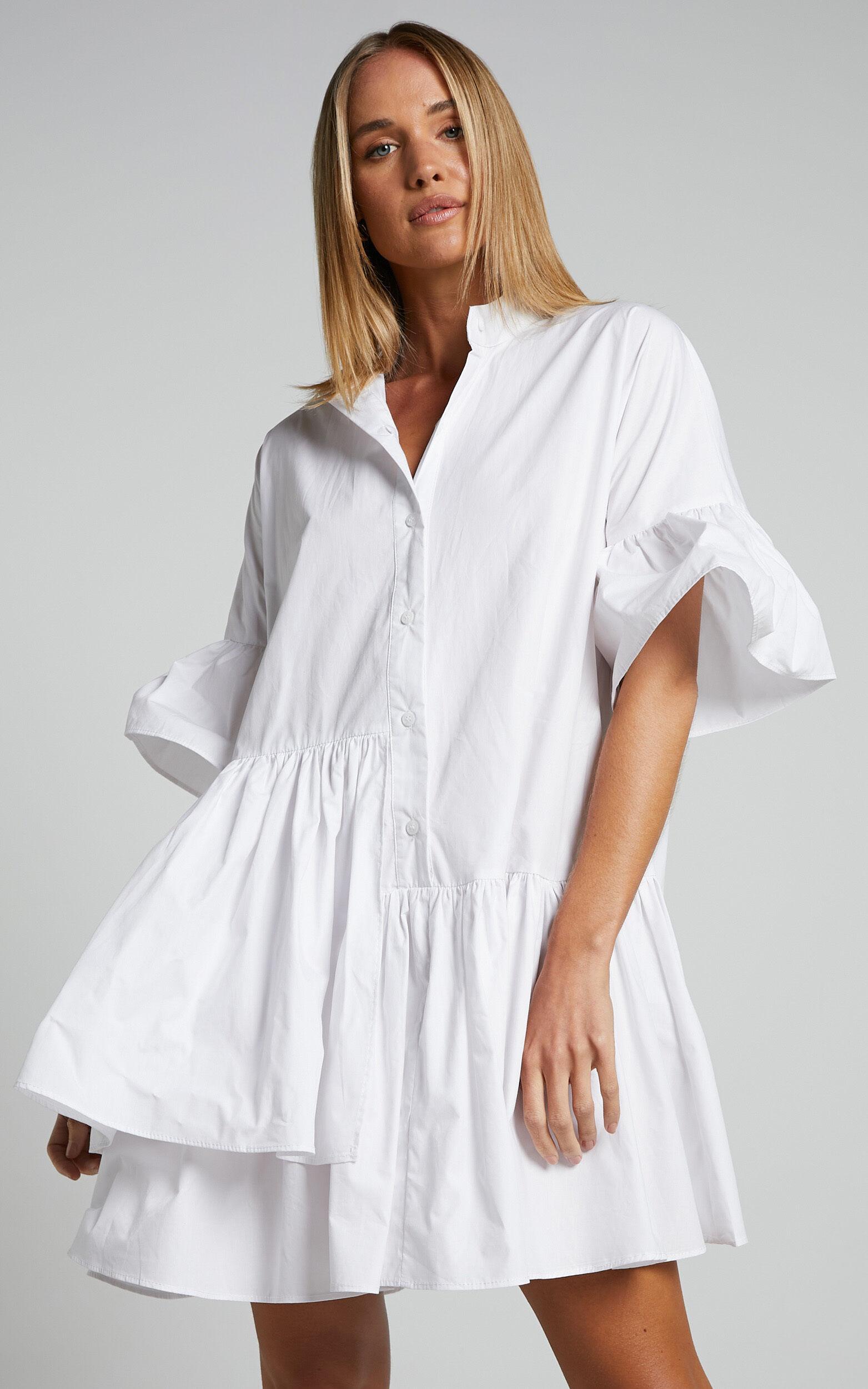 Elowen Mini Dress - Button Up Asymmetrical Tiered Smock Dress in White Product Image