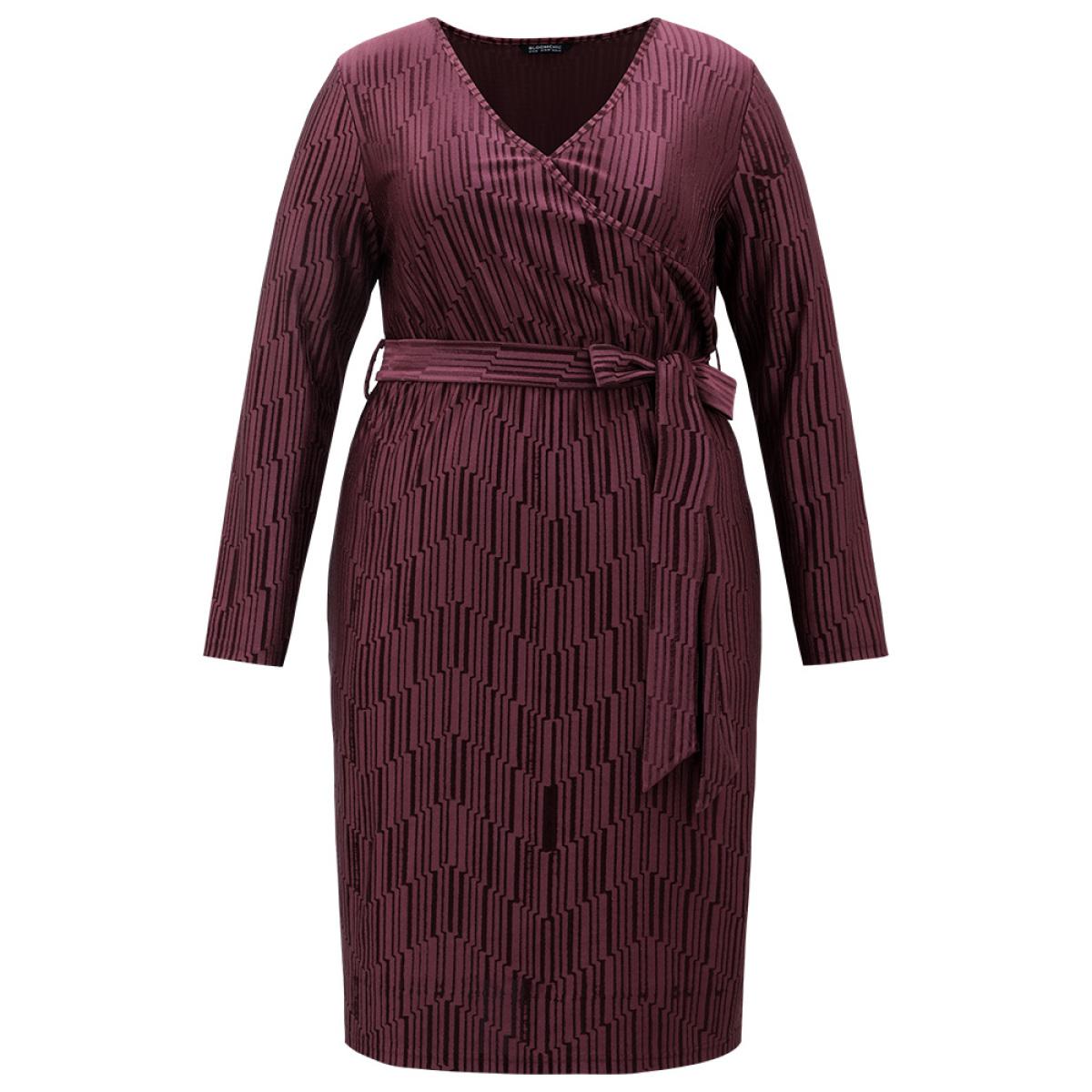 Plus Size Geometric Velvet Belted Split Hem Dress RedViolet Women Cocktail Wrap Overlap Collar Long Sleeve Curvy Knee Dress BloomChic 18-20/2X Product Image