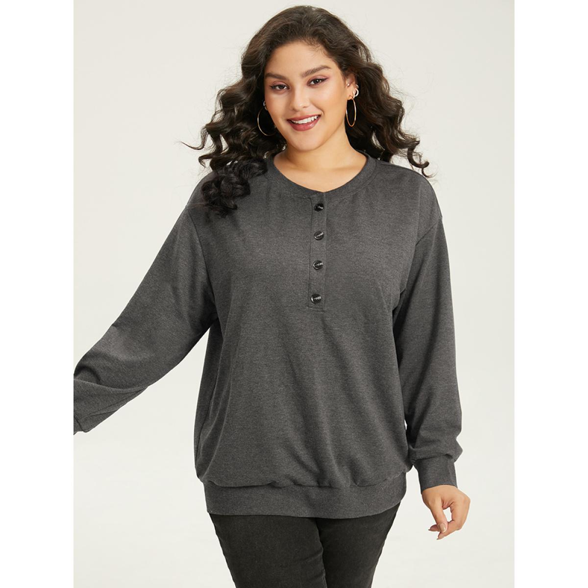 Plus Size Solid Button Through Elastic Cuffs Sweatshirt Women DimGray Casual Plain Open Front Dailywear Sweatshirts BloomChic 12/L Product Image