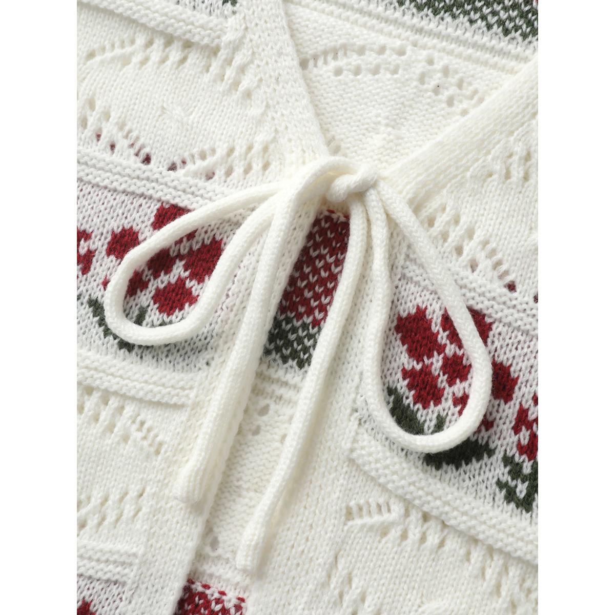 Plus Size Floral Jacquard Front-Tie Cut-Out Cardigan Ivory Women Playful Loose Long Sleeve Casual Cardigans BloomChic 14-16/1X Product Image