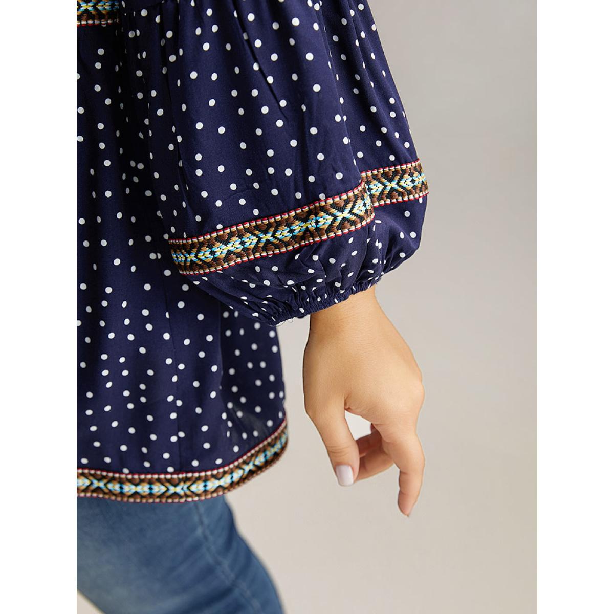 Plus Size Indigo Polka Dot Bandana Trim Ties Blouse Women Resort Long Sleeve Tie Neck Vacation Blouses BloomChic 14-16/1X Product Image