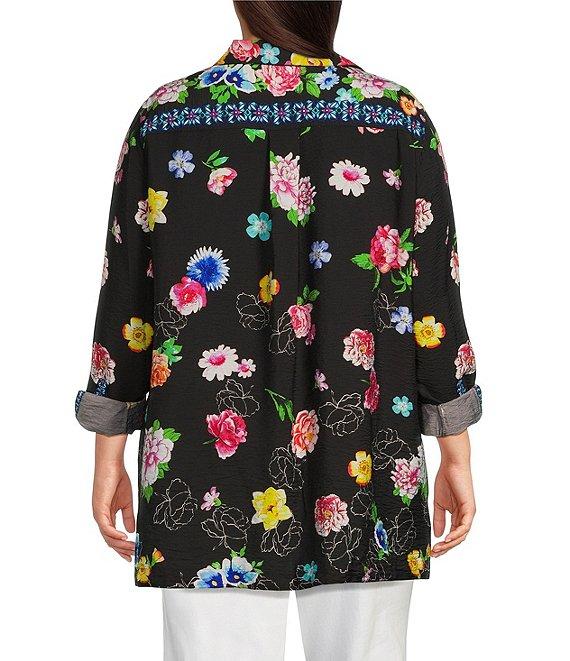 John Mark Plus Size Floral Point Collar Long Roll-Tab Sleeve Button Front Tunic Product Image