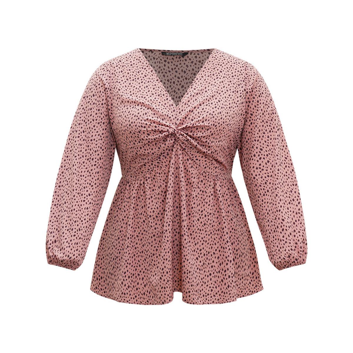 Plus Size Rouge Dot Print Twist Front Gathered V Neck Blouse Women Elegant Long Sleeve V-neck Everyday Blouses BloomChic 12/L Product Image