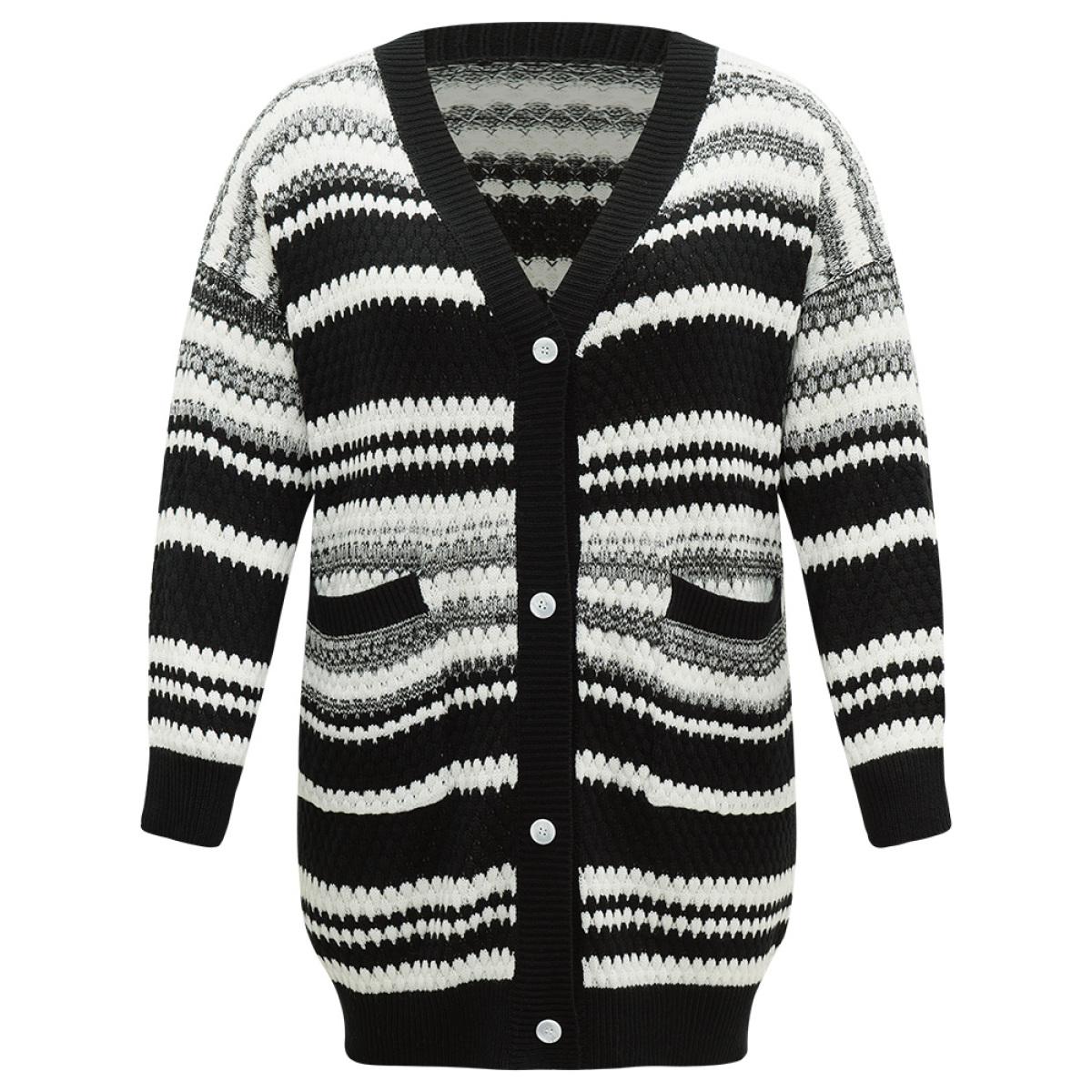 Plus Size Striped Patched Pocket Button Up Cardigan Multicolor Women Casual Loose Long Sleeve Dailywear Cardigans BloomChic 10/M Product Image