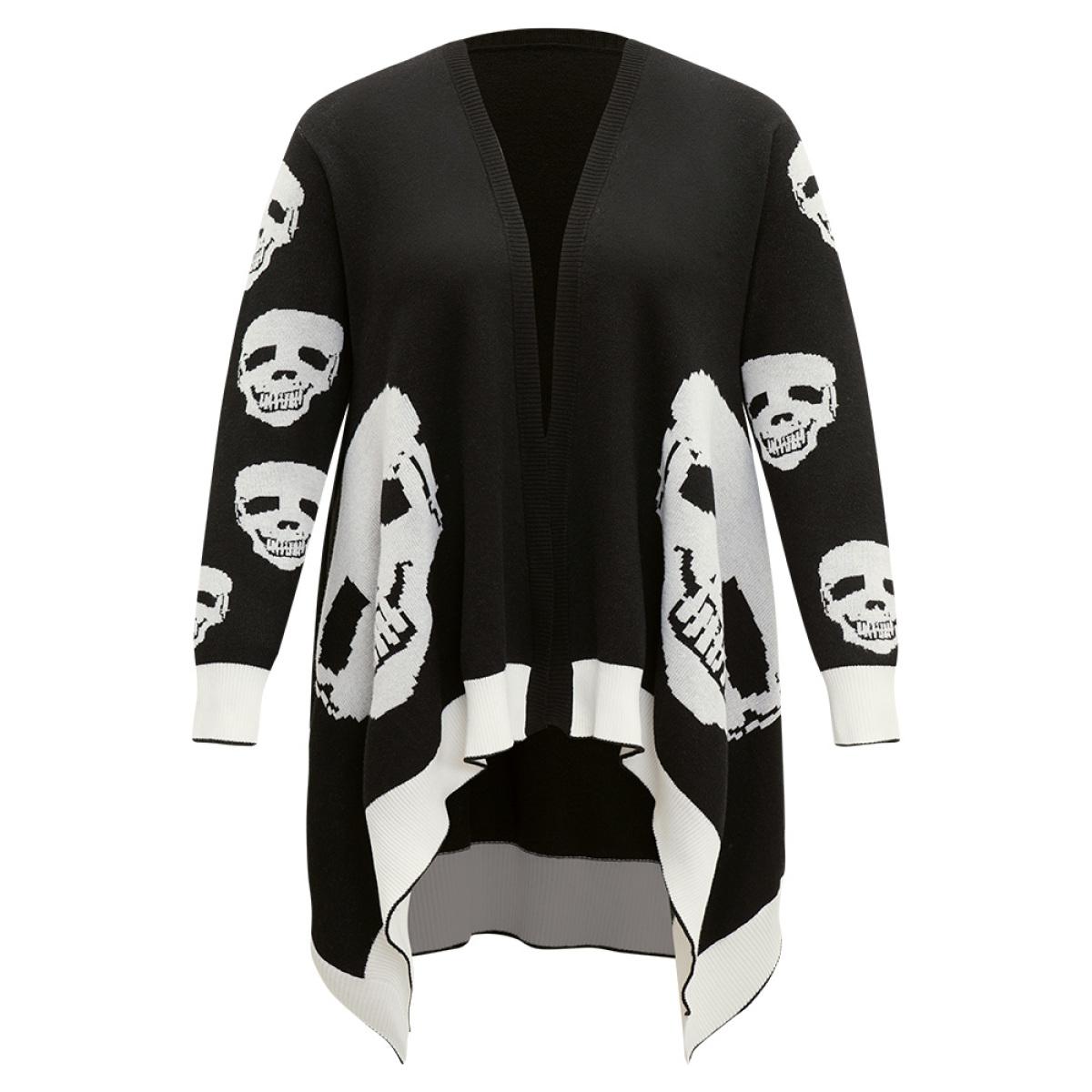 Plus Size Supersoft Essentials Halloween Skull Asymmetrical Hem Cardigan Black Women Casual Loose Long Sleeve Festival-Halloween Cardigans BloomChic 14-16/1X Product Image