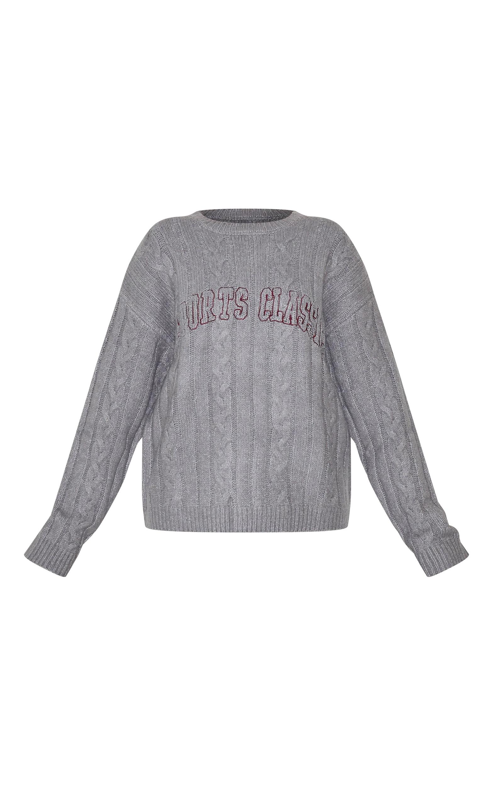 Grey Soft Cable Knit Embroidered Sweater Product Image