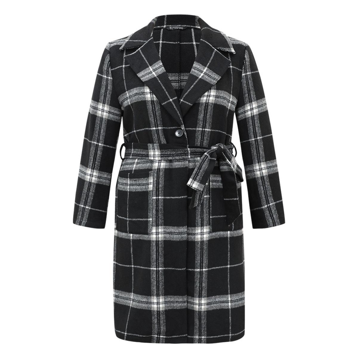 Plus Size Lapel Collar Plaid Belted Contrast Coat Women Black Casual Belted Ladies Dailywear Winter Coats BloomChic 22-24/3X Product Image