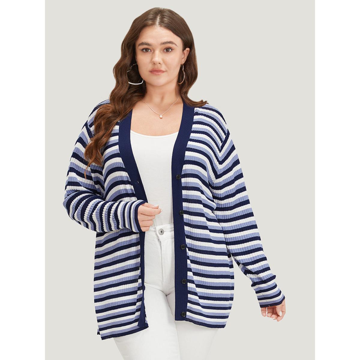 Plus Size Contrast Striped Rib Knit Button Through Cardigan Indigo Women Casual Loose Long Sleeve Dailywear Cardigans BloomChic 28/5X Product Image