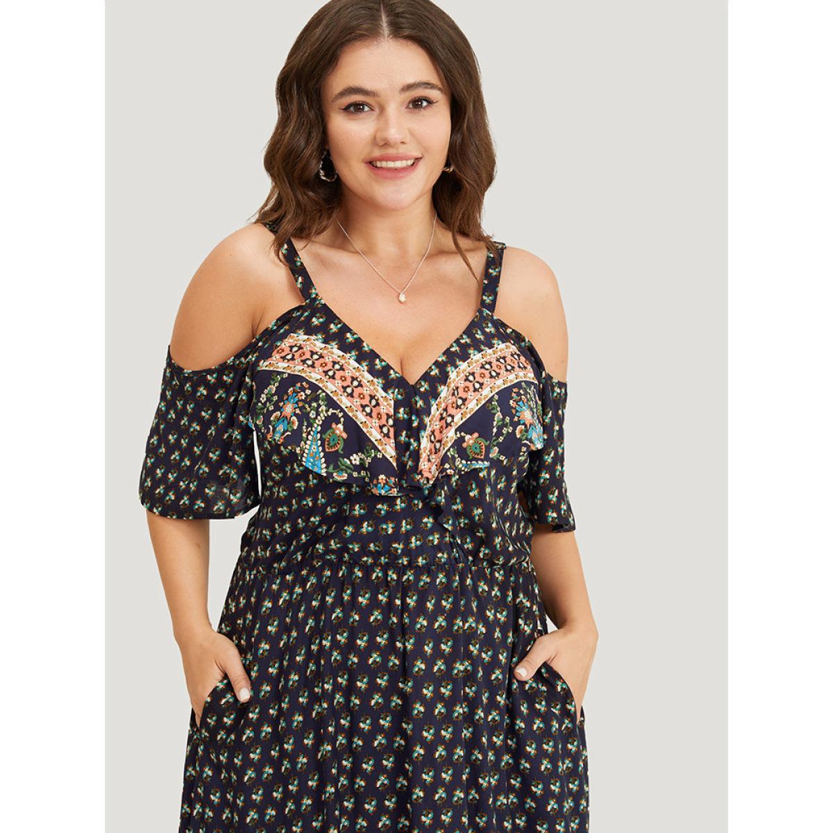 Plus Size Bandana Print Pocket Ruffle Trim Cold Shoulder Maxi Dress Indigo Women Vacation Adjustable Straps V-neck Short sleeve Curvy Maxi Dress BloomChic 12/L Product Image