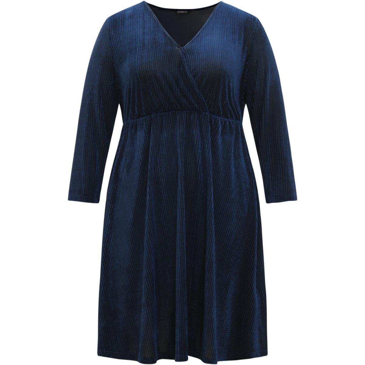 Plus Size Plain Textured Velvet Ruffle Hem Dress Indigo Women Glamour Texture Overlap Collar Long Sleeve Curvy Midi Dress BloomChic 30/6X Product Image