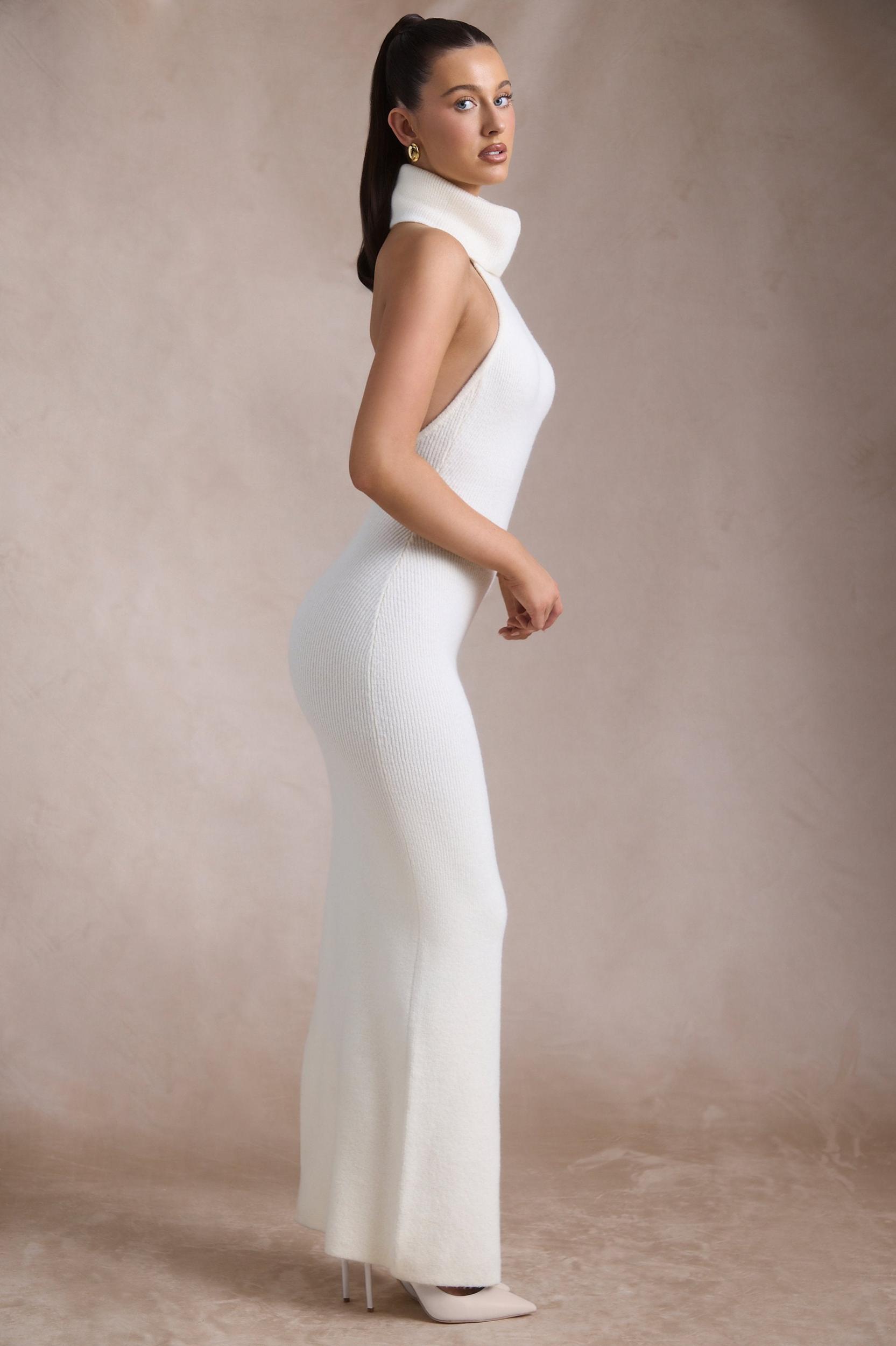Ribbed-Knit Turtleneck Backless Maxi Dress in Ivory Product Image
