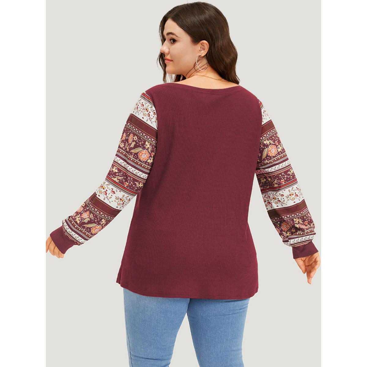 Plus Size Boho Print Patchwork Crew Neck Sweatshirt Women Scarlet Casual Elastic cuffs Round Neck Everyday Sweatshirts BloomChic 22-24/3X Product Image