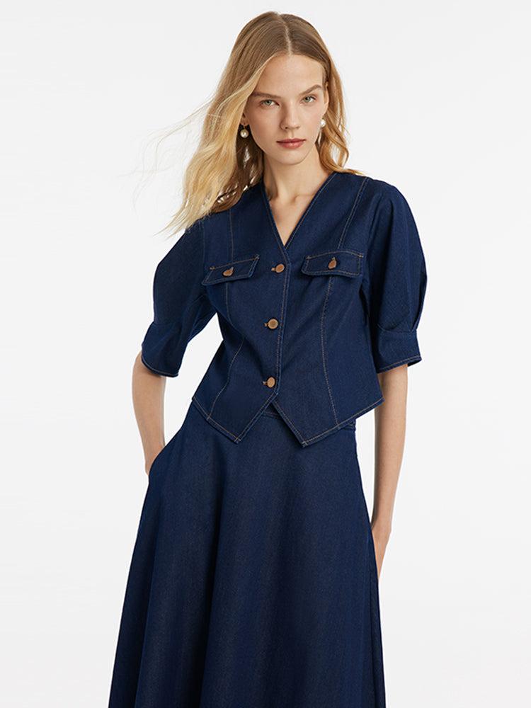 Denim V-Neck Top And Half Skirt Two-Piece Set Product Image