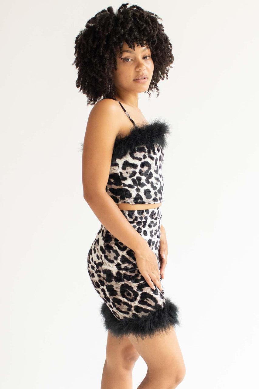 Fur Trimmed Snow Leopard Mini Skirt Product Image