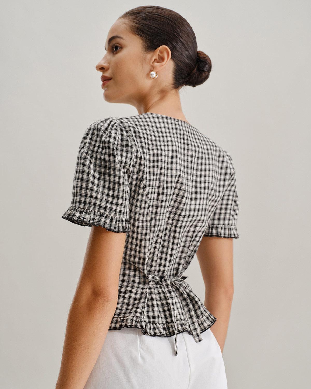 Black Plaid V Neck Ruffle Blouse Product Image