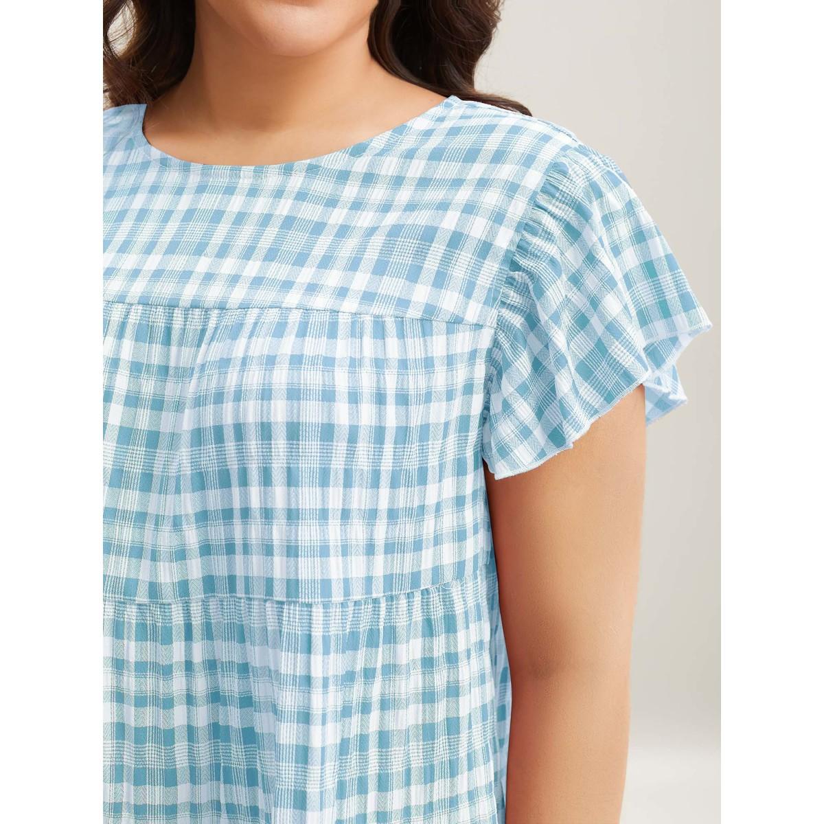 Plus Size LightBlue Plaid Print Textured Lotus Leaf Sleeve Shirt Women Casual Cap Sleeve Round Neck Everyday Blouses BloomChic 14-16/1X Product Image