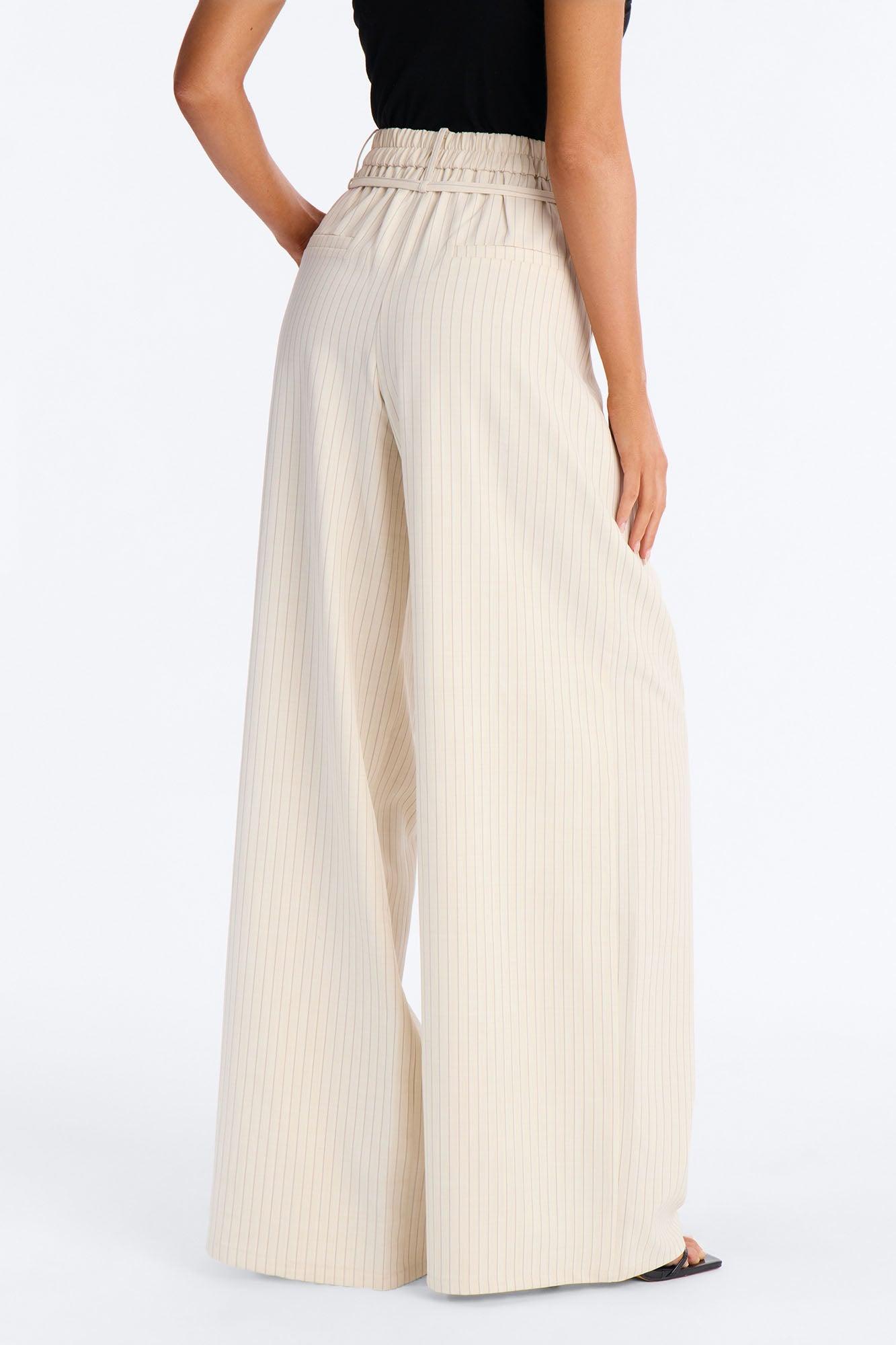 Old Money Feel Pinstripe Belted Trouser Pant 33″ - Beige Female Product Image
