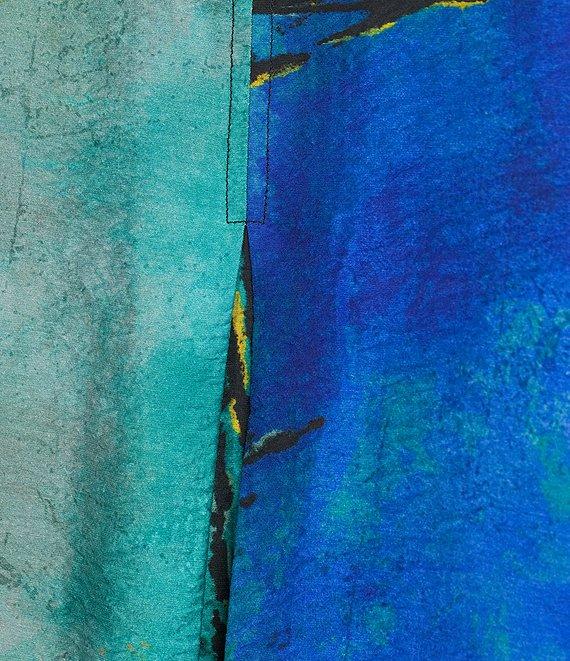 Ali Miles Plus Size Woven Color Block Print Point Collar 3/4 Sleeve Button Front Tunic Product Image