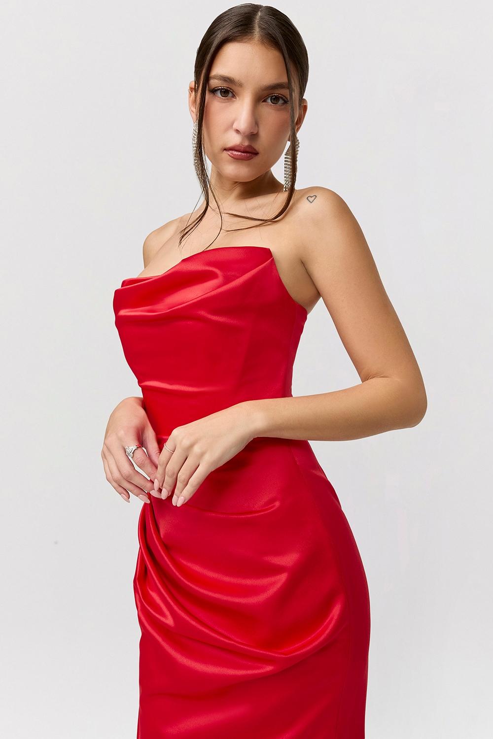 Adrienne  scarlet satin strapless gown Product Image