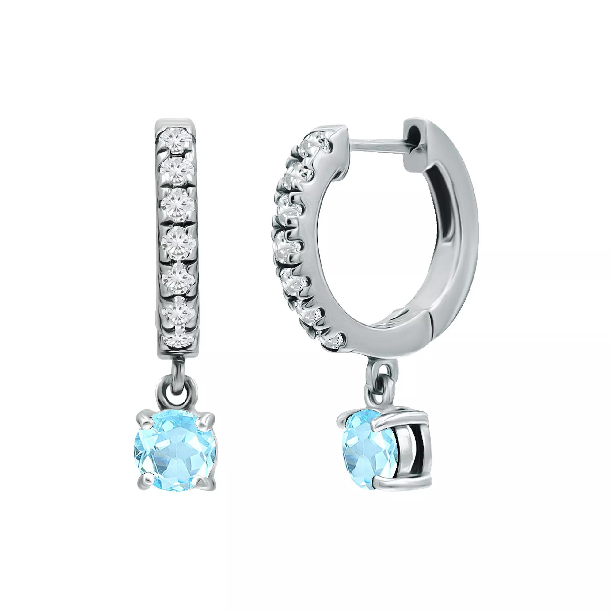 Aleure Precioso Sterling Silver Round with White Topaz Huggie Earrings, Women's, Silver Tone Blue Product Image
