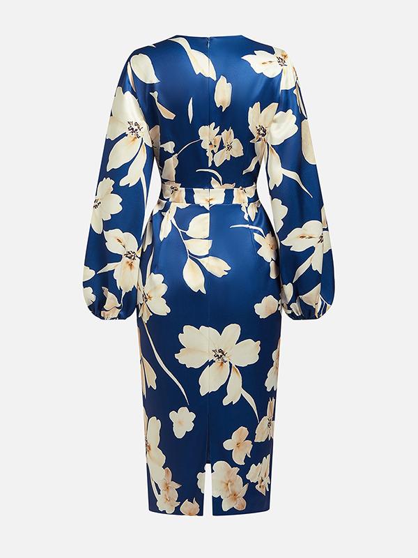 Loose Puff Sleeves Floral Printed Pleated Split-Joint V-Neck Midi Dresses Product Image