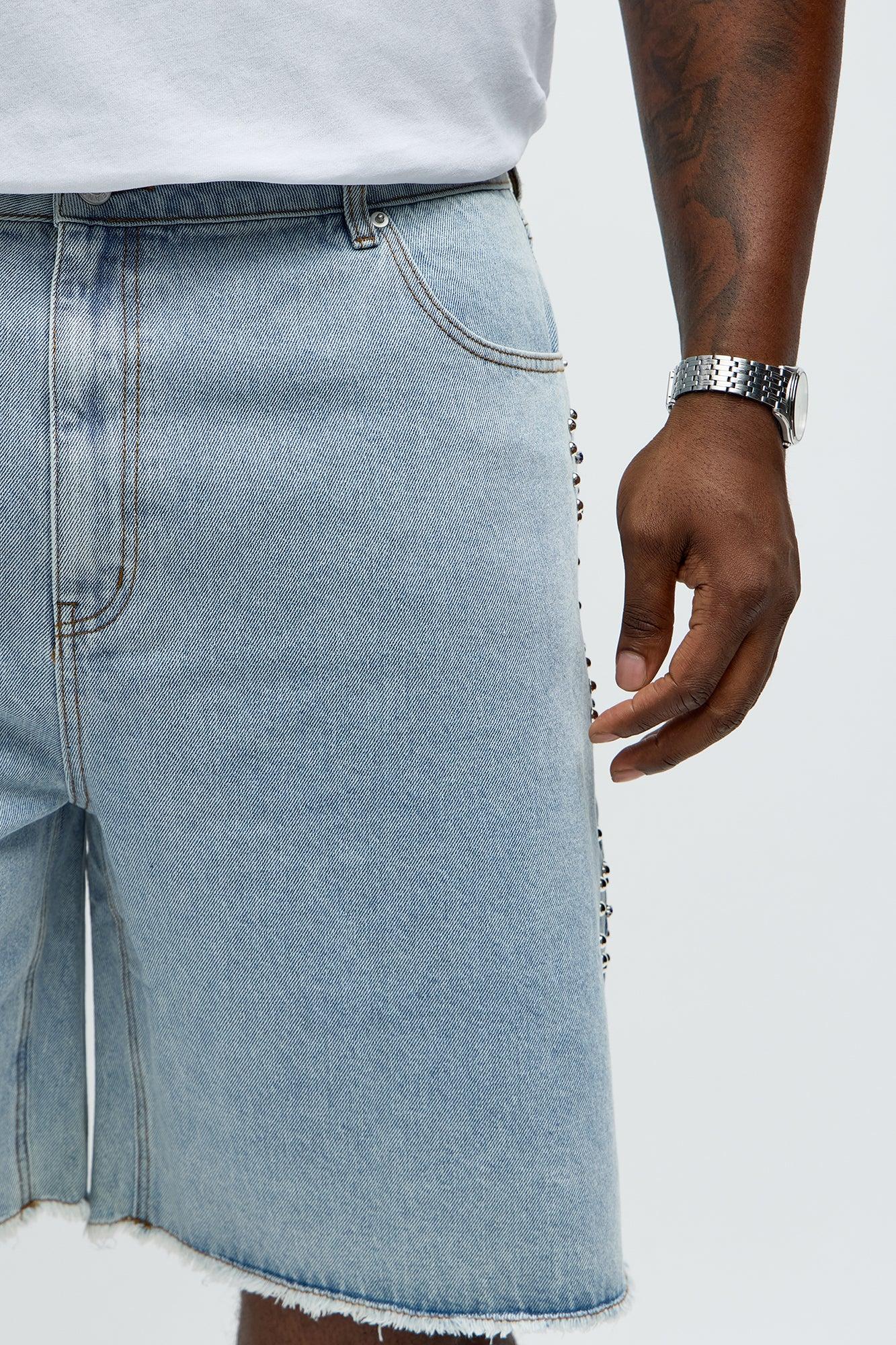 Relaxed Come In Clutch Studded Denim Shorts - Light Blue Wash Product Image