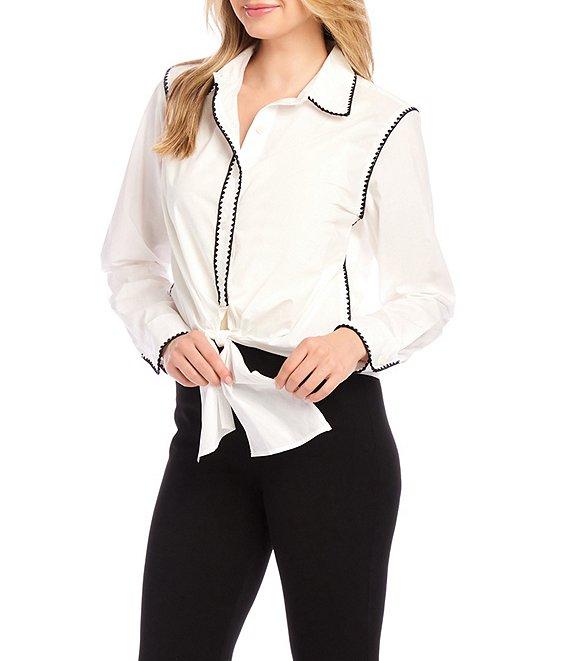 Karen Kane Edge Stitch Collared Long Sleeve Tie Top Product Image