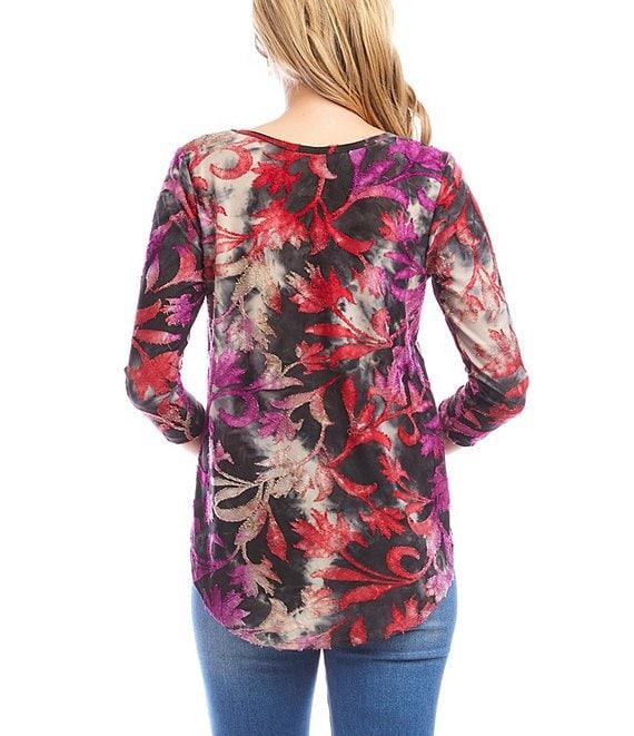 Karen Kane Floral Velvety Burnout Tie-Dye Scoop Neck 3/4 Sleeve Top Product Image
