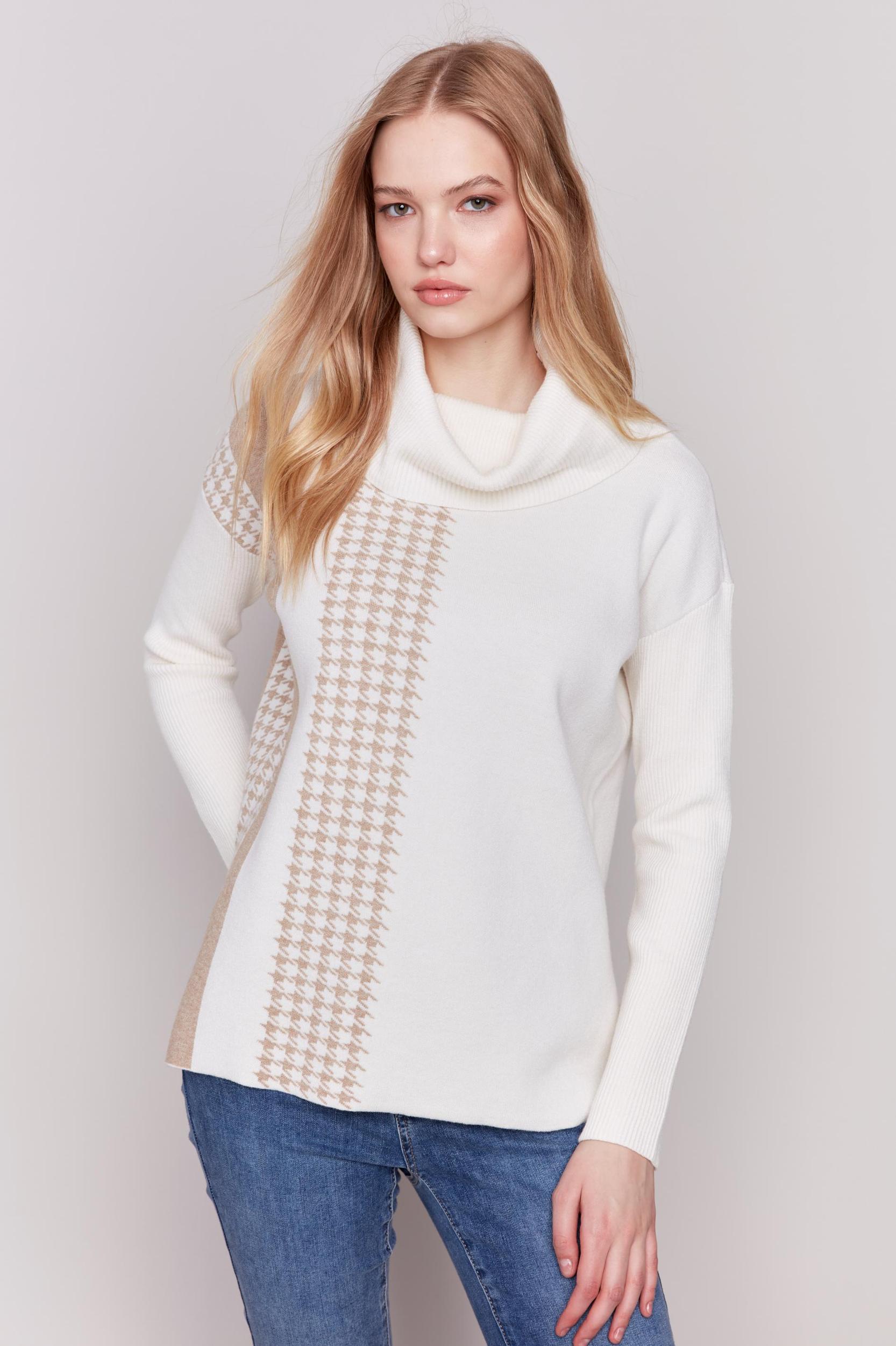 Jacquard Houndstooth Stripe Design Cowl-Neck Sweater Product Image